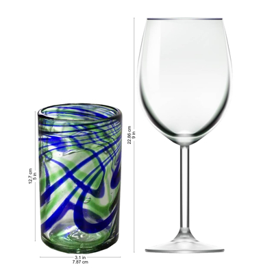 Geblasene Glasgläser, 'Elegant Energy' (Satz von 6 Stück) - Satz von 6 handgefertigten mundgeblasenen Glasbechern in Blau und Grün