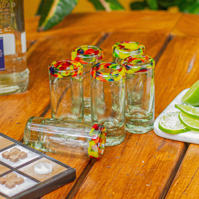 Mexican Hand Blown Green Rim Tequila Shot Set 6 Glass Glasses Original Artisan 