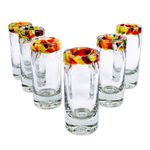 Handblown tequila shot glasses, 'Confetti Rim' (set of 6) - Handcrafted Blown Glass Tequila Shot Glasses (Set of 6)