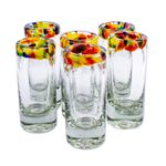 Handblown tequila shot glasses, 'Confetti Rim' (set of 6) - Handcrafted Blown Glass Tequila Shot Glasses (Set of 6)