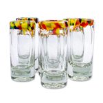 Handblown tequila shot glasses, 'Confetti Rim' (set of 6) - Handcrafted Blown Glass Tequila Shot Glasses (Set of 6)