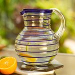 Handblown glass pitcher, 'Cobalt Spiral' - Mexican Handblown Recycled Glass Blue Stripe Pitcher