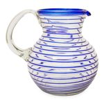 Handblown glass pitcher, 'Cobalt Spiral' - Mexican Handblown Recycled Glass Blue Stripe Pitcher