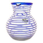 Handblown glass pitcher, 'Cobalt Spiral' - Mexican Handblown Recycled Glass Blue Stripe Pitcher