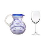 Handblown glass pitcher, 'Cobalt Spiral' - Mexican Handblown Recycled Glass Blue Stripe Pitcher