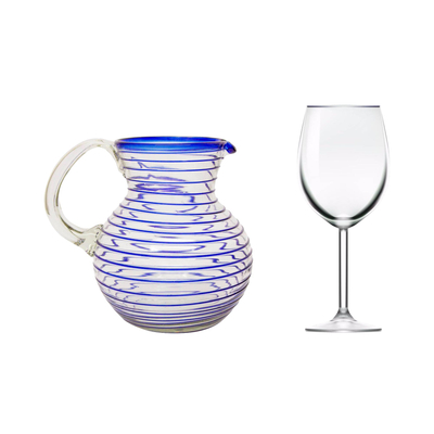 Blown glass pitcher, 'Blue Spiral' - Mexican Handblown Recycled Glass Blue Stripe Pitcher