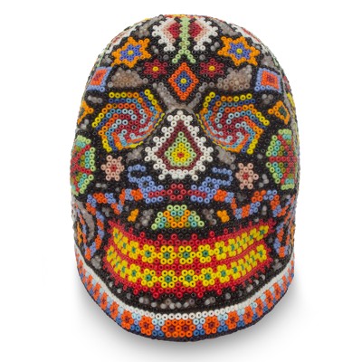 Beadwork skull, 'Long Live Death' - Artisan Crafted Huichol Beaded Skull Sculpture from Mexico