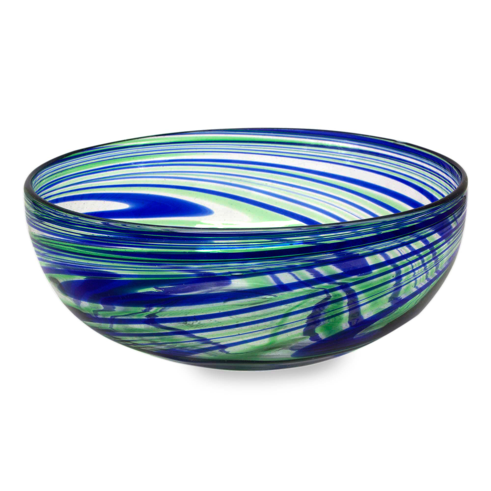 Hand Crafted Blown Glass Salad Bowl In Blue And Green Swirls Elegant Energy Novica