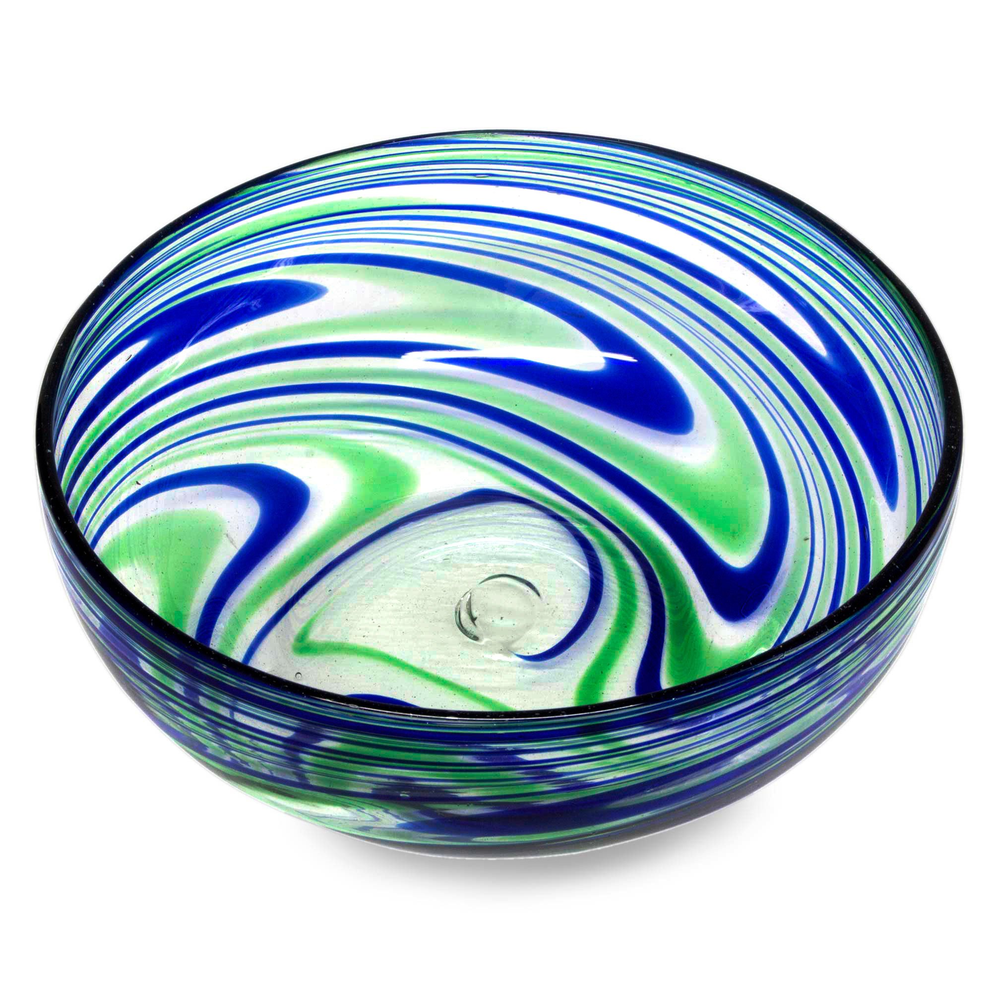 Hand Crafted Blown Glass Salad Bowl in Blue and Green Swirls Elegant
