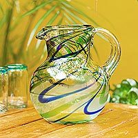 Blown glass pitcher, 'Elegant Energy' - Blue and Green Swirls Hand Blown Glass Pitcher (84 oz)