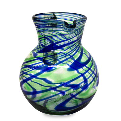 Blown glass pitcher, 'Elegant Energy' - Blue and Green Swirls Hand Blown Glass Pitcher (84 oz)