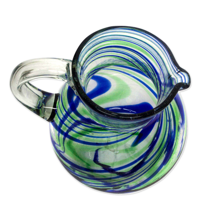 Krug aus mundgeblasenem Glas - Krug aus mundgeblasenem Glas mit blauen und grünen Wirbeln (84 oz)