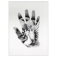 'Flores para mi bienestar' - Cisne y flor en mano Pintura en blanco y negro