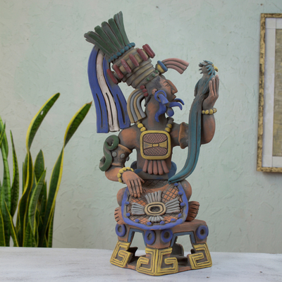 Ceramic sculpture, 'Aztec Warrior and Quetzal' - Hand Crafted Collectible Aztec Ceramic Replica Sculpture