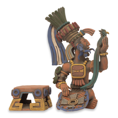 Ceramic sculpture, 'Aztec Warrior and Quetzal' - Hand Crafted Collectible Aztec Ceramic Replica Sculpture