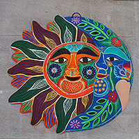 Ceramic wall adornment, 'Happy Eclipse' - Sun and Moon Hand Crafted Multicolor Ceramic Wall Adornment