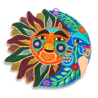 Ceramic wall adornment, 'Happy Eclipse' - Sun and Moon Hand Crafted Multicolor Ceramic Wall Adornment