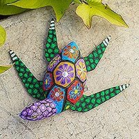 Estatuilla de madera Alebrije, 'Tortuga psicodélica' - Escultura de madera de tortuga Alebrije pintada a mano de México