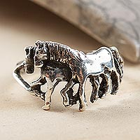 Sterling silver band ring, 'Equine' - Two-in-One Horses in Rustic Style Sterling Silver Ring