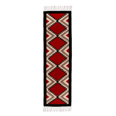 Zapoteken-Wollteppich, (2x7) - Loom gewebter Teppich aus Zapotec-Wolle in Rot und Schwarz (2 x 7 Fuß)