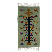 Zapotec wool rug, 'Verdant Staff of Life' (2x3.5) - Artisan Crafted Green Wool Area Rug with Birds (2x3.5)