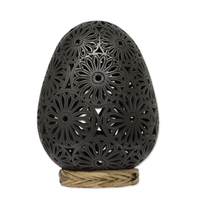 Ceramic sculpture, 'Floral Egg' - Large Oaxaca Black Pottery Floral Egg Shaped Sculpture