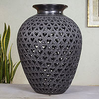 Ceramic vase, 'Shower of Love' - Romantic Heart Theme Mexican Black Pottery Vase