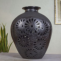 Ceramic vase, 'Black Marigold' - Handcrafted Oaxaca Black Pottery Decorative Ceramic Vase