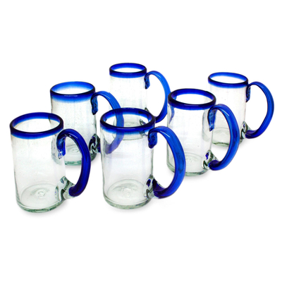 Blown glass beer glasses, 'Cobalt Beer' (set of 6) - Mexican Beer Glasses with Cobalt Handle and Rim (Set of 6)