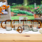 Handblown beer glasses, 'Amber Rim' (set of 6) - Hand Blown Beer Glasses with Amber Handle and Rim (Set of 6)