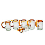Handblown beer glasses, 'Amber Rim' (set of 6) - Hand Blown Beer Glasses with Amber Handle and Rim (Set of 6)