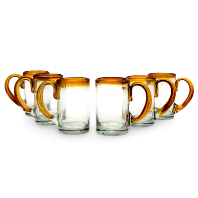 Vasos de cerveza de vidrio soplado, (juego de 6) - Vasos de cerveza soplados a mano con mango y borde ámbar (juego de 6)