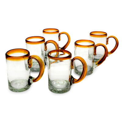 Blown glass beer glasses, 'Amber Beer' (set of 6) - Hand Blown Beer Glasses with Amber Handle and Rim (Set of 6)