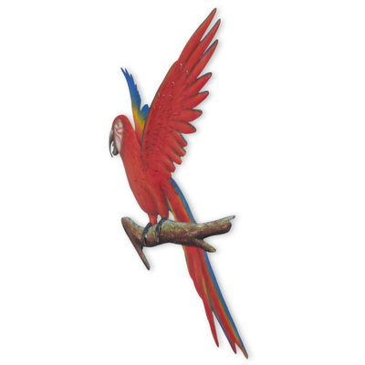 Steel wall art, 'Scarlet Macaw' - Handcrafted Red Steel Bird Theme Wall Sculpture from Mexico