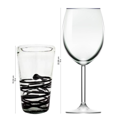 Vasos de vidrio soplado, (juego de 6) - Juego de 6 vasos de vidrio en espiral negro soplado a mano de México