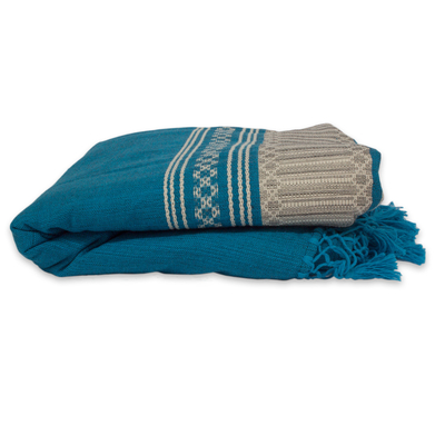 Tagesdecke aus Zapotec-Baumwolle, (Doppelbett) - Handgewebte Tagesdecke aus blau-beige gestreifter Baumwolle für Doppelbetten
