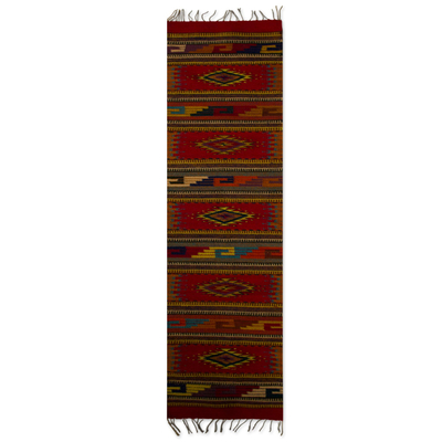 Loom Woven Authentic Red Wool Zapotec Runner Rug from Mexico