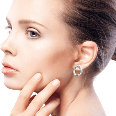 Sterling silver button earrings, 'Shine' - Modern Free Form Taxco Silver Button Earrings from Mexico