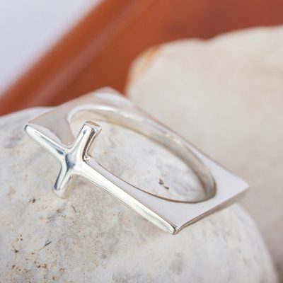 Sterling silver cocktail ring, 'Contemporary Cross' - Minimalist Sterling Silver Hand Made Cross Cocktail Ring