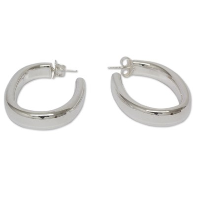 Sterling silver half hoop earrings, 'Oval Halo' - Fair Trade Polished Taxco Silver Half Hoop Earrings