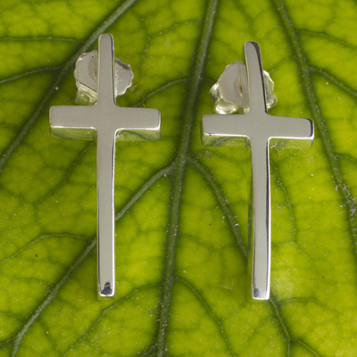 Sterling silver button earrings, 'My Faith' - Hand Crafted Polished Cross Earrings of Taxco Silver
