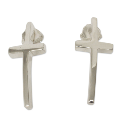 Sterling silver button earrings, 'My Faith' - Hand Crafted Polished Cross Earrings of Taxco Silver
