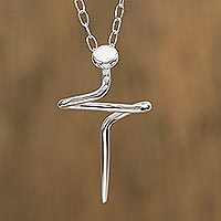 Men's sterling silver cross necklace, 'Son of a Carpenter' - Men's Artisan Crafted Taxco Silver Cross Necklace