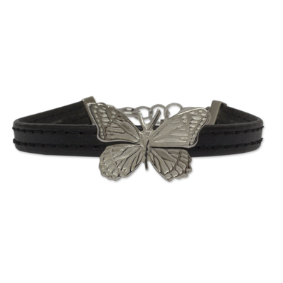 Sterling silver wristband bracelet, 'Monarch Butterfly' - Handmade Sterling Silver on Black Bracelet Taxco Jewellery