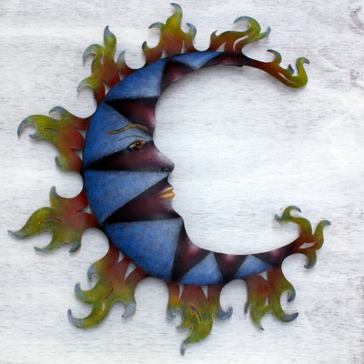 Steel wall art, 'Blue Moon Shadows' - Hand Made Steel Moon Wall Sculpture from Mexico