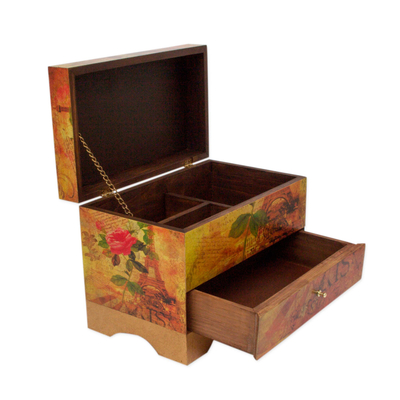 Decoupage jewelry box, 'Thoughts of Paris' - Handcrafted Paris Theme Decoupage Jewelry Box with Drawer