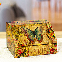 Caja decoupage, 'Butterfly Enchantment' - Caja decoupage floral con mariposas y cajón oculto