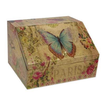 Caja decoupage, 'Butterfly Enchantment' - Caja decoupage floral con mariposas y cajón oculto