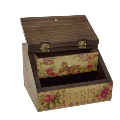 Decoupage box, 'Butterfly Enchantment' - Floral Decoupage Box with Butterflies and Hidden Drawer