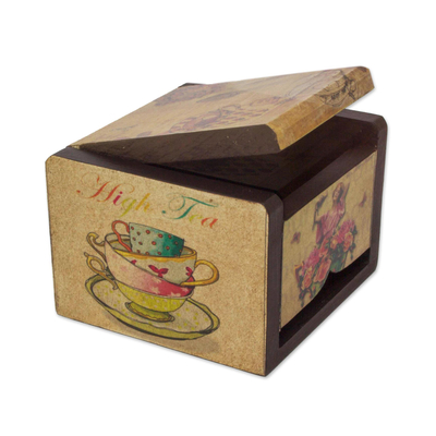 Decoupage box, 'Tea Time' - Petite Ventilated Decoupage Decorative Tea Box from Mexico
